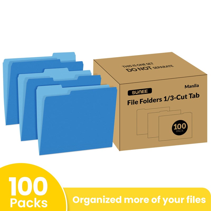 ساني مجلدات ملفات SUNEE بحجم الحروف باللون الأزرق، 100 حزمة مجلدات مانيلا 8.5 × 11 1/3 علامات تبويب، مجلدات ملفات ملونة، مكتب المنزل والمدرسة لملفات المستندات الورقية - Image 2